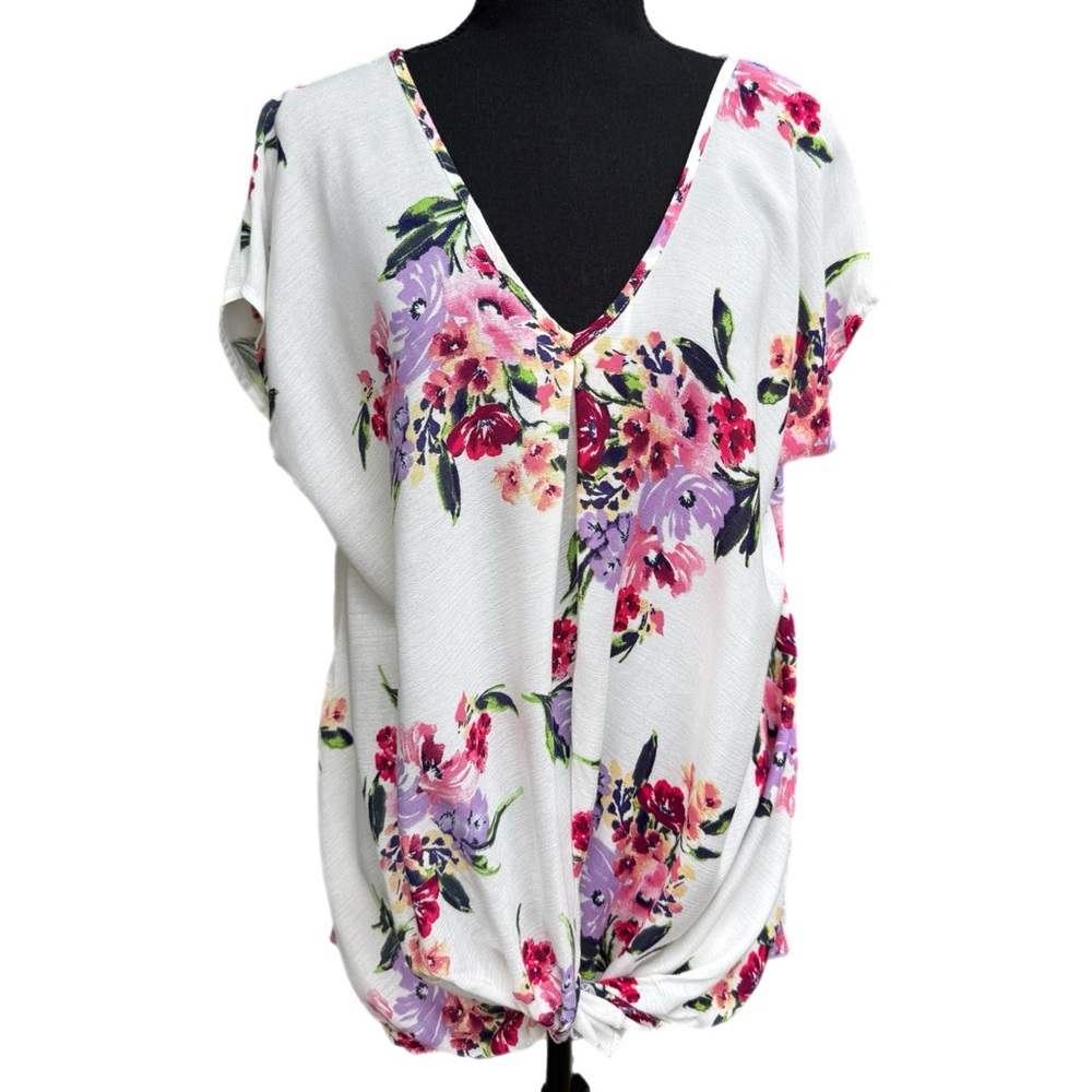 Ivory Floral Twist Front Short Sleeve Top M‎ - Picture 2 of 14